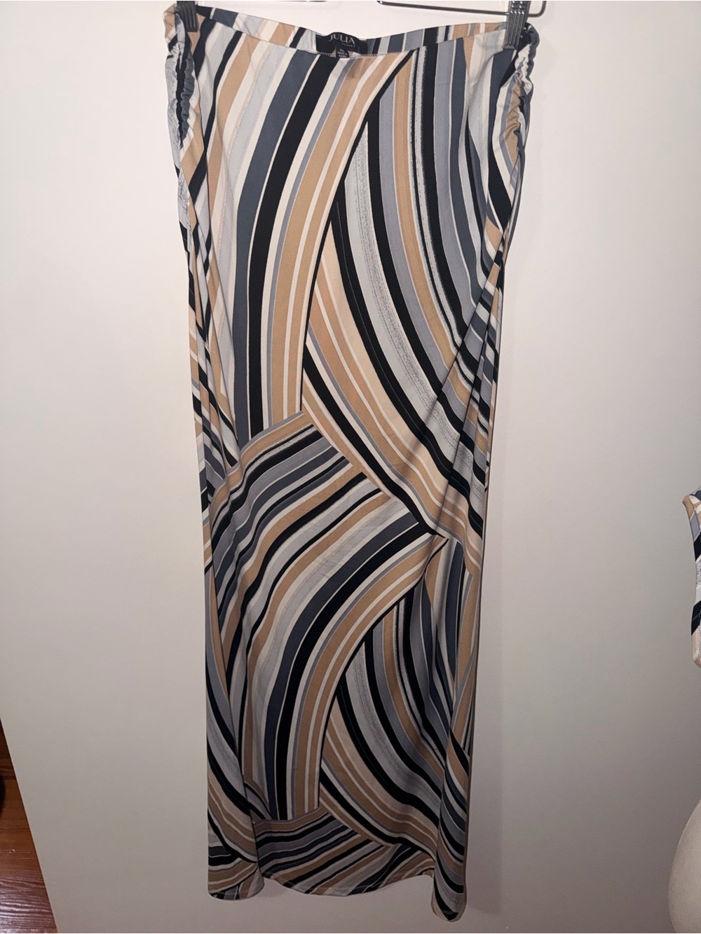 Striped Ruched Midi Skirt - Black, Beige & Gray